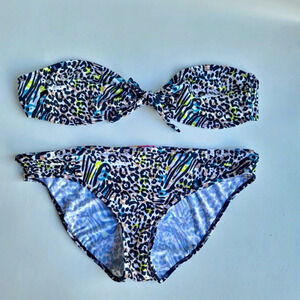 On Shore Women's Sz L Animal Print Twist Bandeau Bikini Swim Set Black Leopard